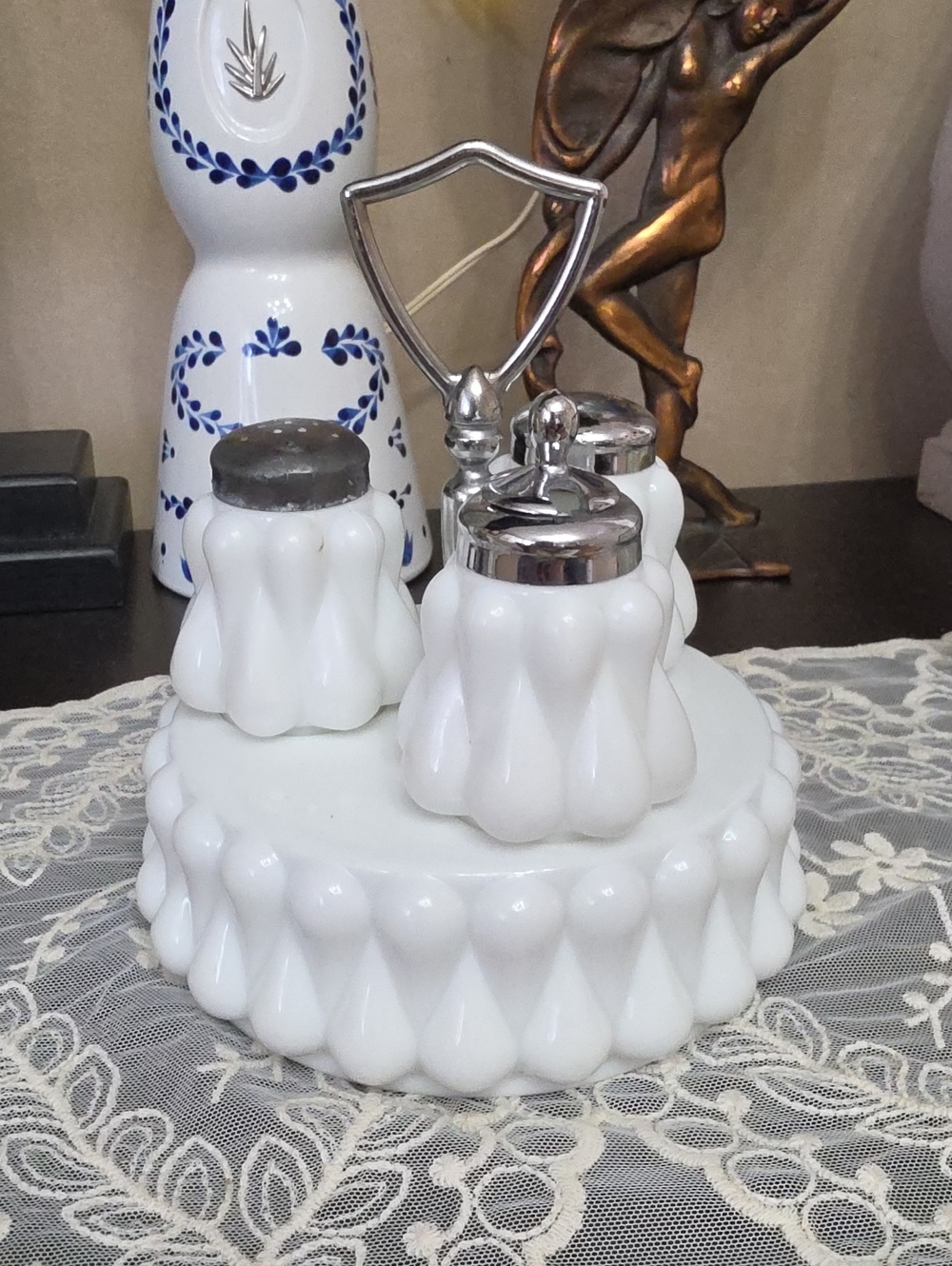 vintage Fenton White Milk Glass Teardrop Condiment Set with Tray 1950 Rare